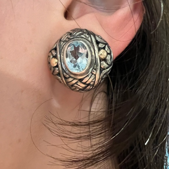 Detailed Vintage Sterling Silver and 18k with Blue Stone Earrings - Picture 9 of 12